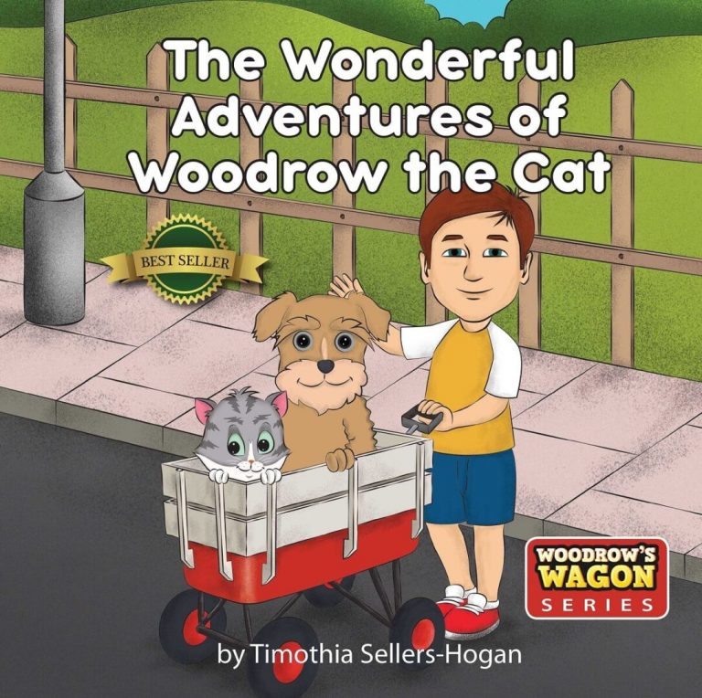 A digital illustration of a book cover for The Wonderful Adventures of Woodrow the Cat