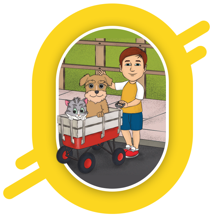 A digital illustration showing a child with a cart carrying a dog and a cat